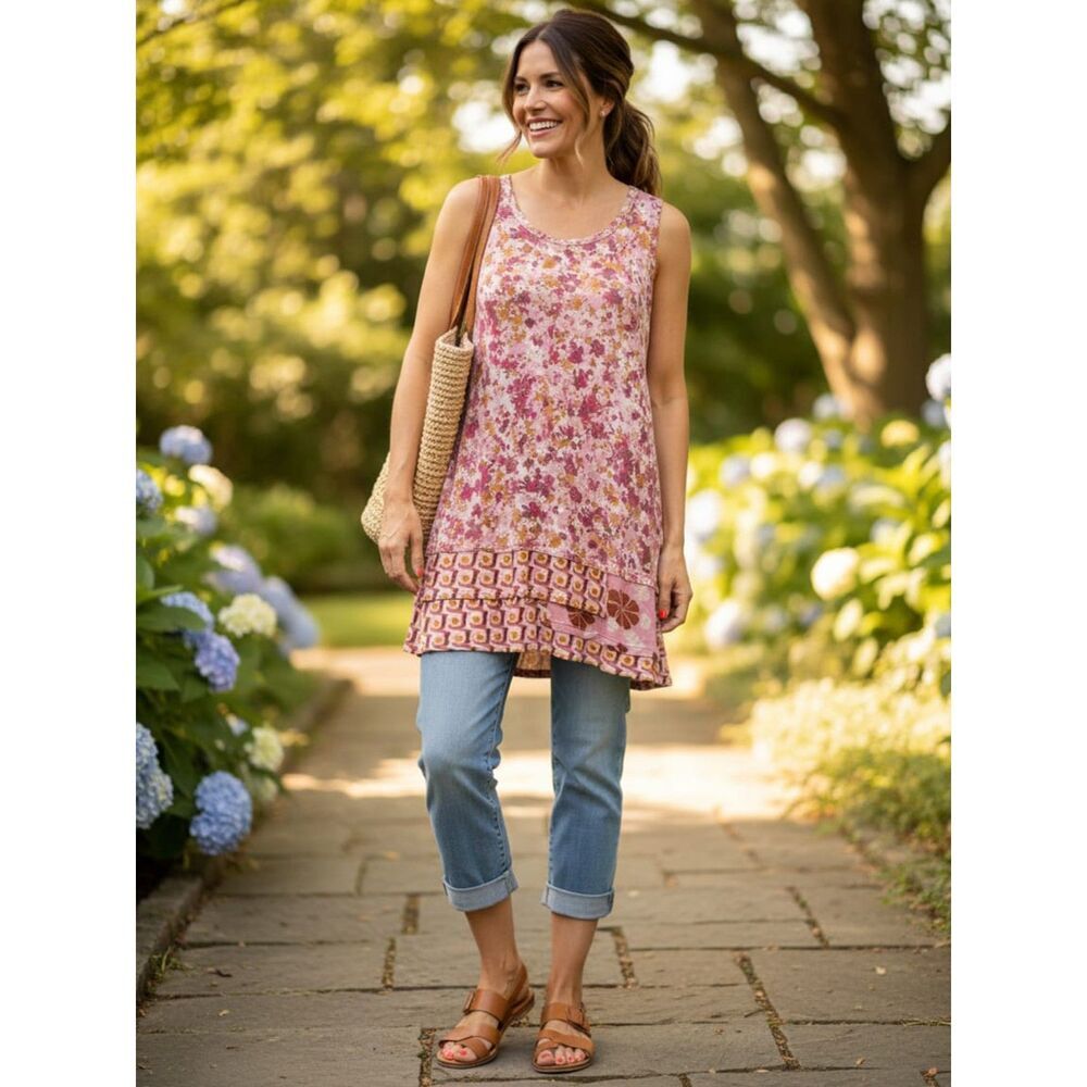Logo Layers Floral Mixed Pattern Tunic Top - Size M